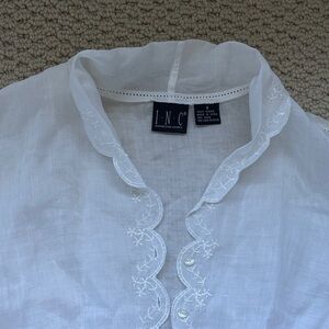 INC International Concepts Sheer White Blouse with Embroidered Trim